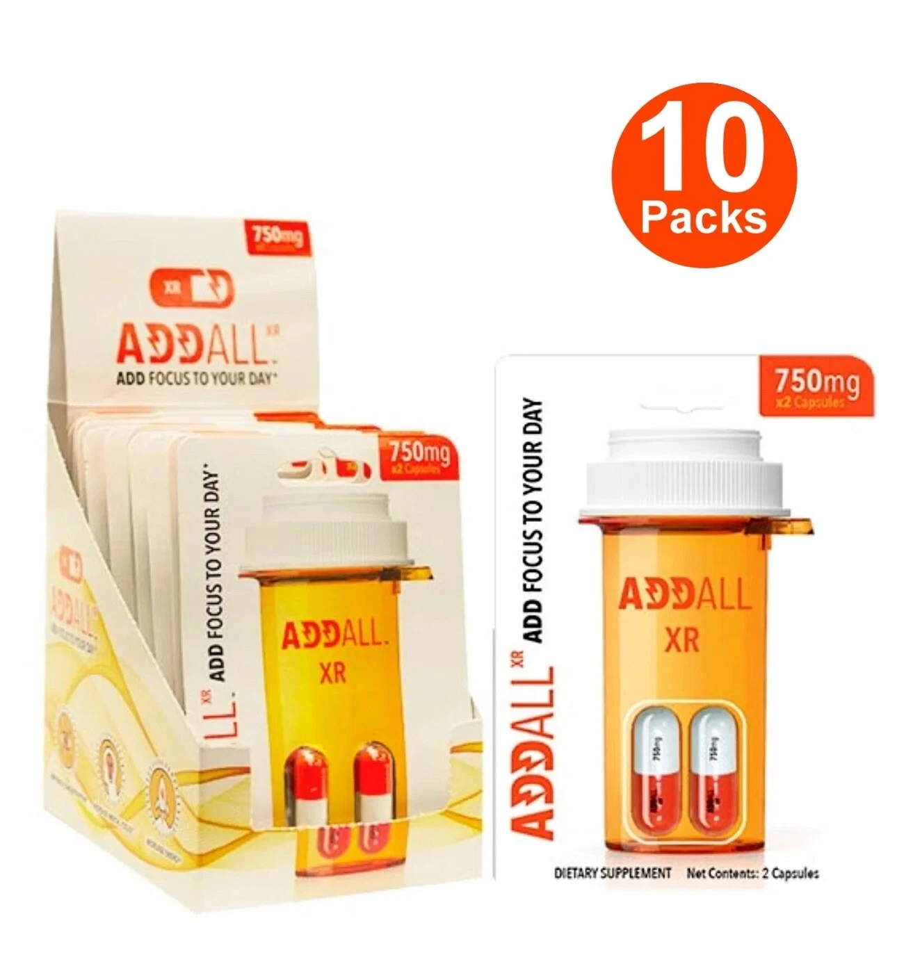 AddAll XR 750mg, Energy Focus Concentration - 10 Packs - 20 Capsules - FREE SHIP