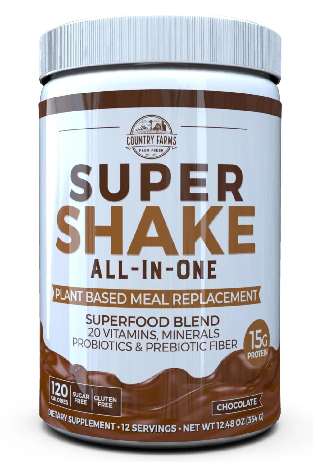 Country Farms All-in-One Super Shake Meal Replacement Dietary Supplement with Superfoods, Vitamins, Probiotics and Prebiotics, Chocolate - 12.48 Oz (12 Servings)