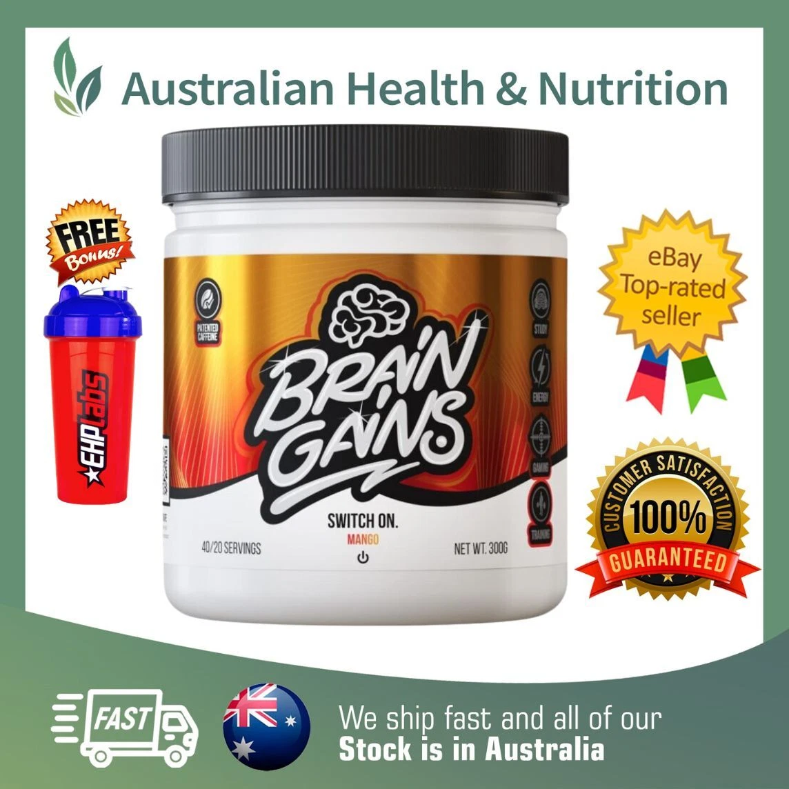 BRAIN GAINS SWITCH ON 40 SERVES 2.0 NOOTROPIC + FREE SAME DAY POST & SHAKER