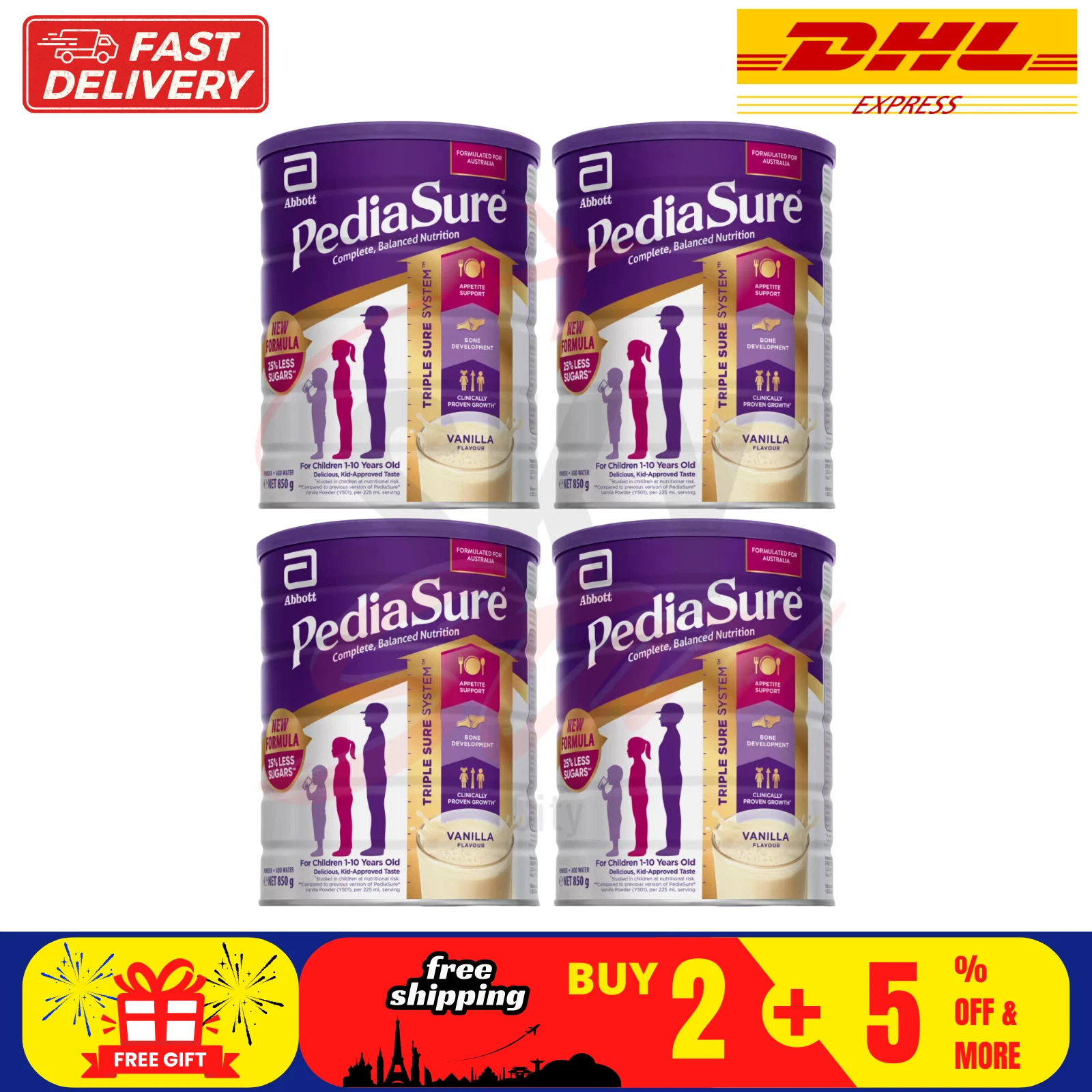 4 X Pedia Sure Child Nutrition Supplement for Growth - Vanilla (850g) DHL SHIP