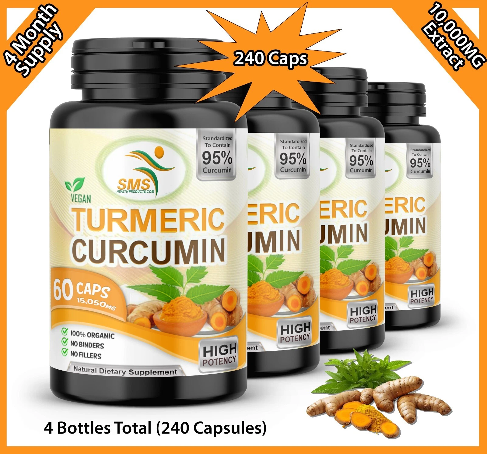 4X Turmeric Curcumin 95% And Black Pepper Pills Extra Strength Tumeric 240 Caps