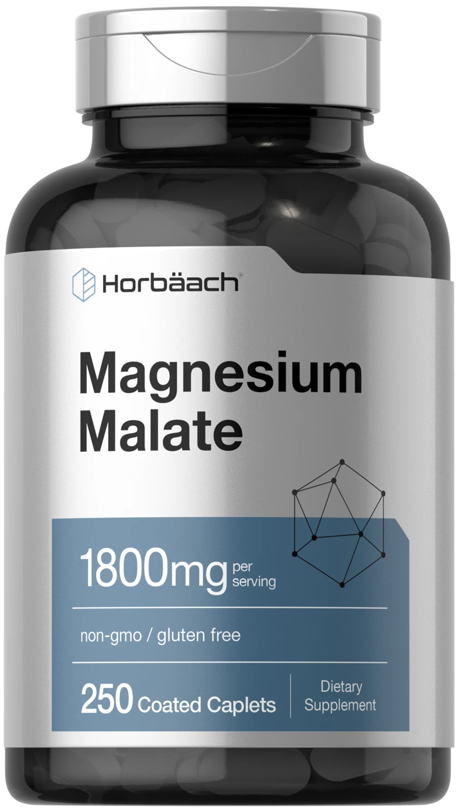 Magnesium Malate Capsules 1800mg | 250 Caplets | Vegetarian | by Horbaach