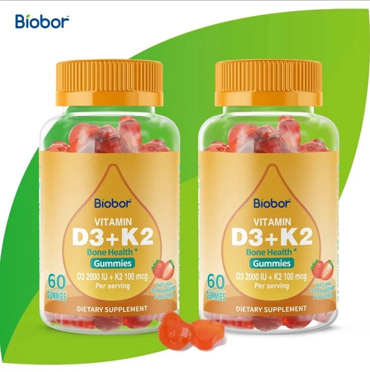 Biobor Vitamin D3+K2 Gummies-2000IU D3 & 100mcg K2,Bone & Immune Support 2 PACK