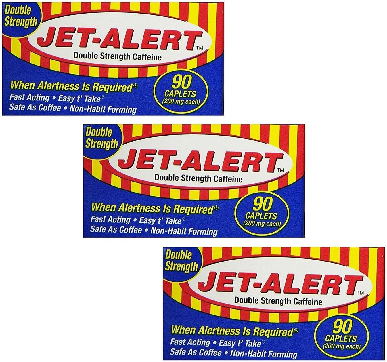 3 bottles Jet-Alert 200 mg Caffeine Caplets Double Strength, 90 Ct each bottle