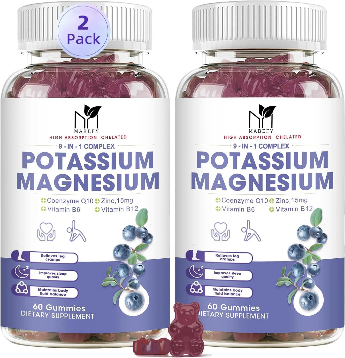 2 Pack Potassium Magnesium Gummies, Sugar-Free Potassium Gummies with Magnesium