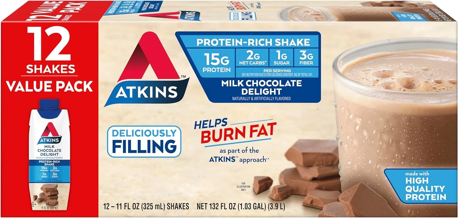 (12 Pack) Atkins Milk Chocolate Protein Nutrition Shake, Burn Fat, 11 Fl Oz