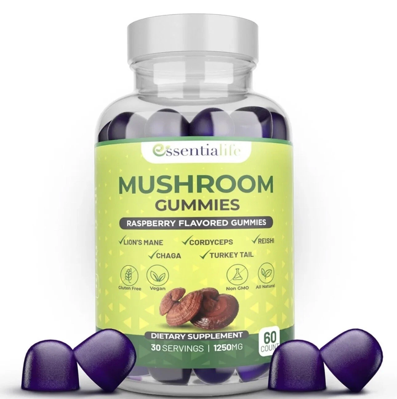 Essentialife Lions Mane Mushroom Supplements | 5-in-1 Mushroom 60 Gummies