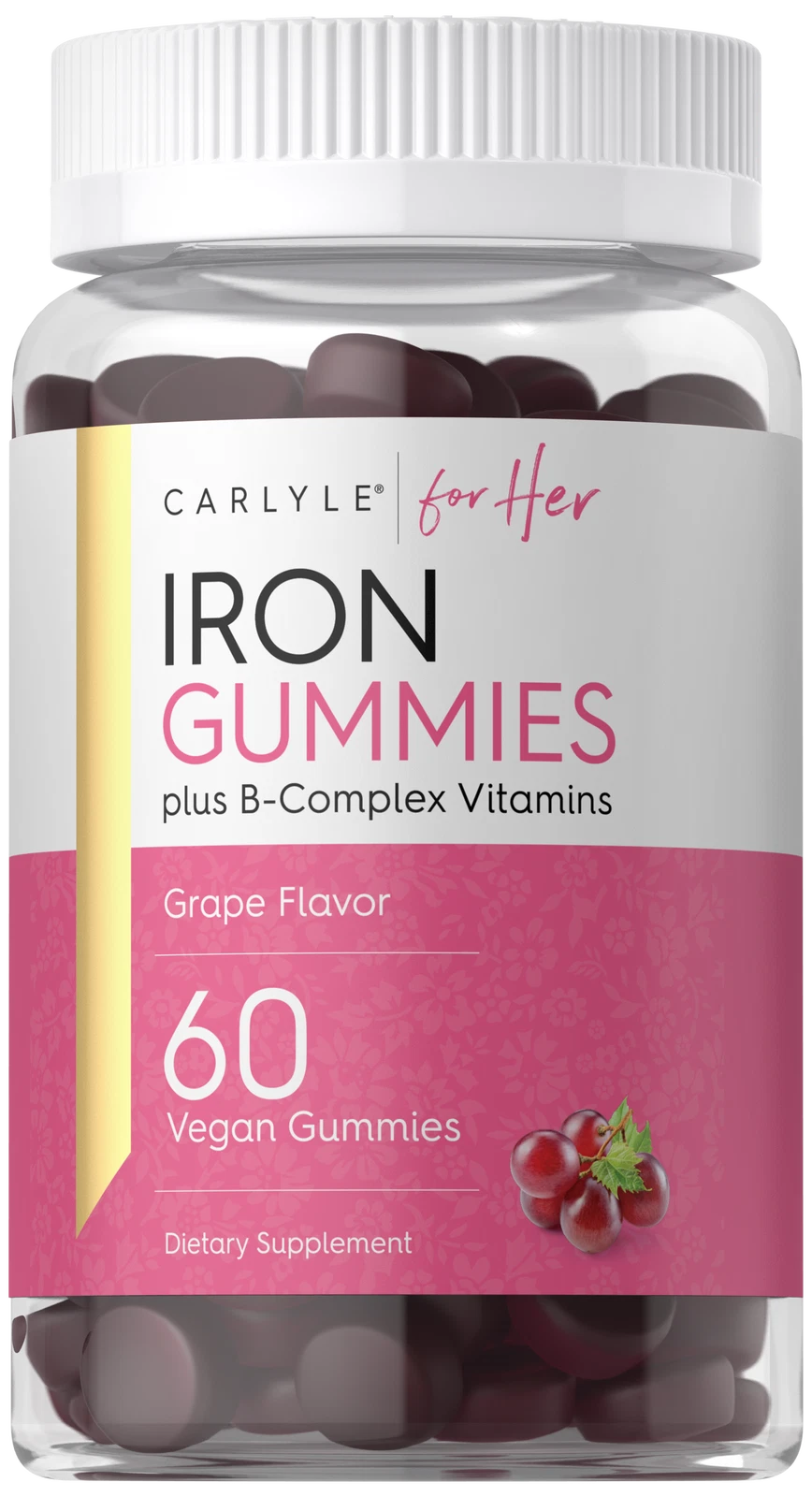 Iron Gummies | plus B-Complex Vitamins | 60 Vegan Grape Gummies | by Carlyle
