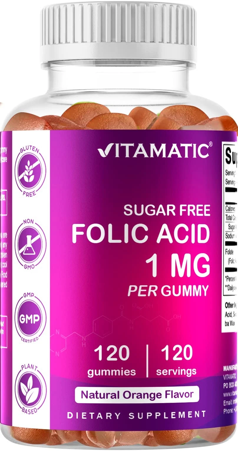 Vitamatic Folic Acid Gummies 1000 mcg (1 mg) - an Essential Prenatal Vitamins fo