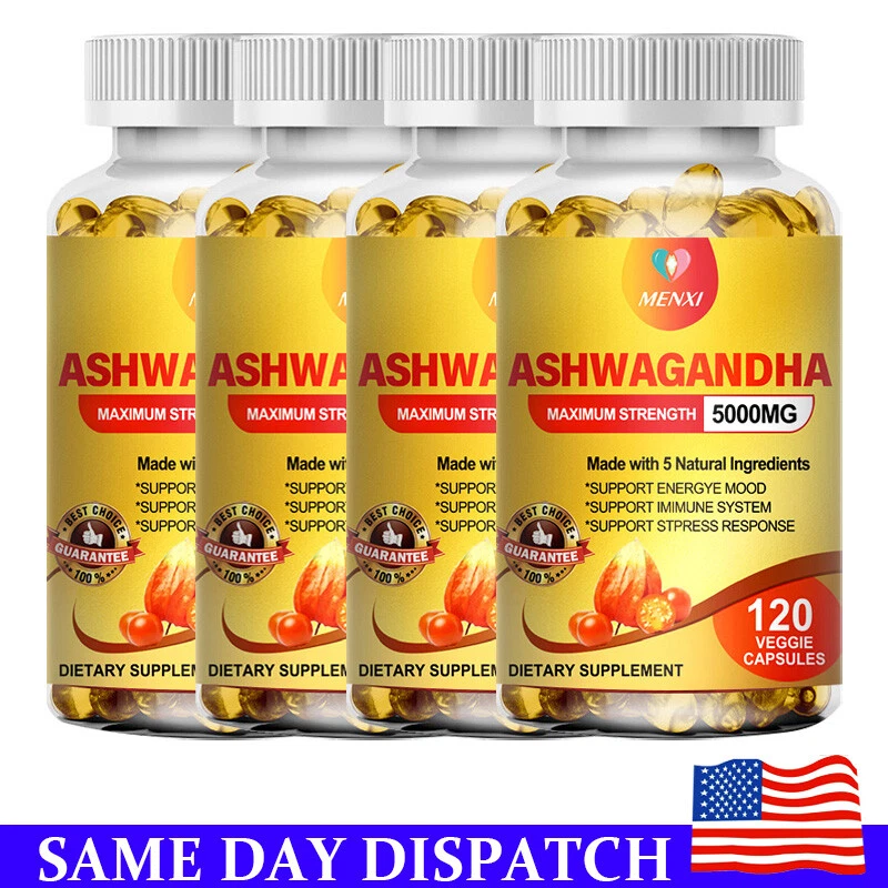 1-4pc Organic Ashwagandha Capsules 5000mg Supplement w/ Black Pepper Root Powder
