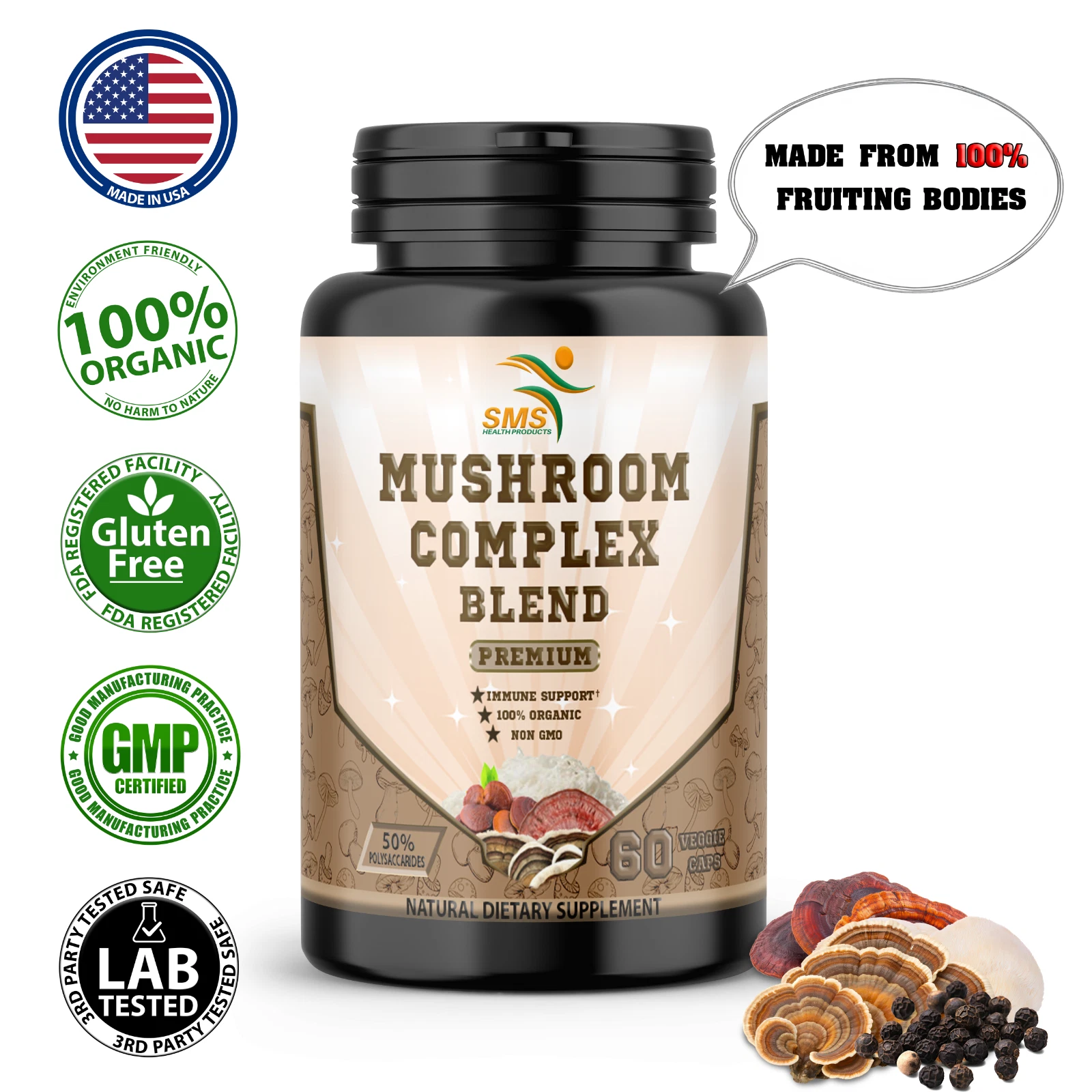 Mushroom Complex Supplement Capsules Mushrooms Lions Mane, Reishi, Turkey Tail