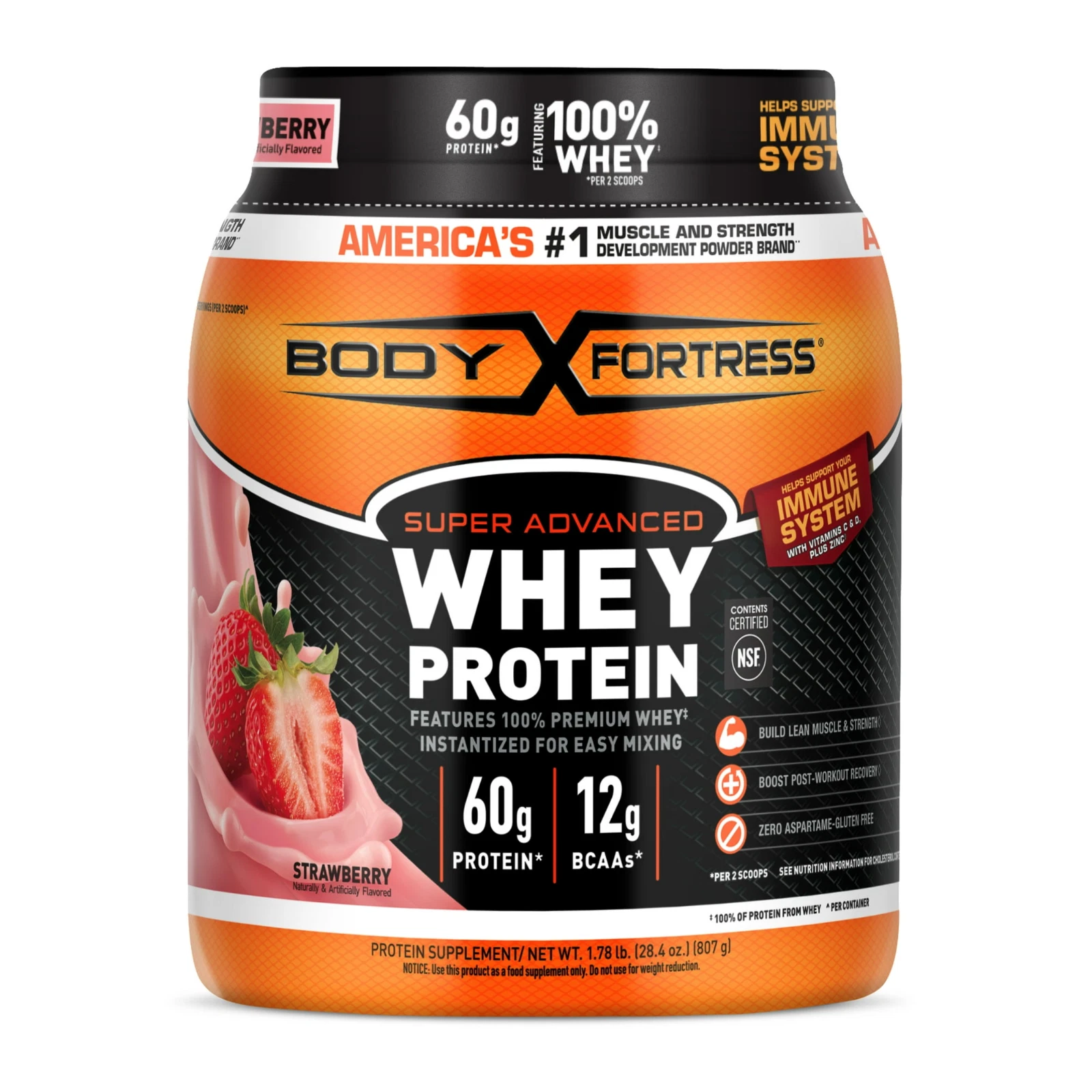 Body Fortress Super Advanced 100% Premium Whey Protein Powder, Strawberry, 1.78l
