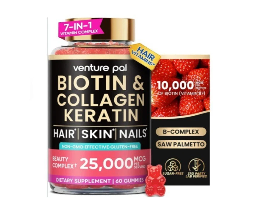 Venture Pal Biotin Gummies w/ Collagen Keratin B-Complex Saw Palmetto Strawberry