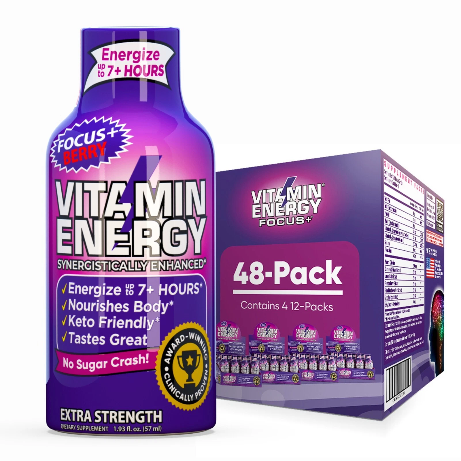 (48 Pack) Vitamin Energy® Focus+ Berry Energy Shots, Clinically Proven