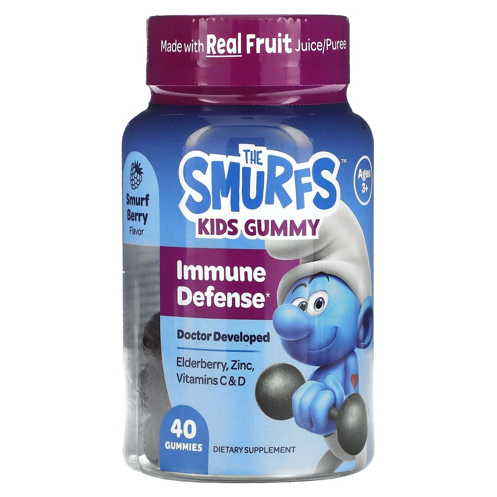 2 Bottles of The Smurfs Kids Gummy Immune Defense, Ages 3+, 40 Berry Gummies ea