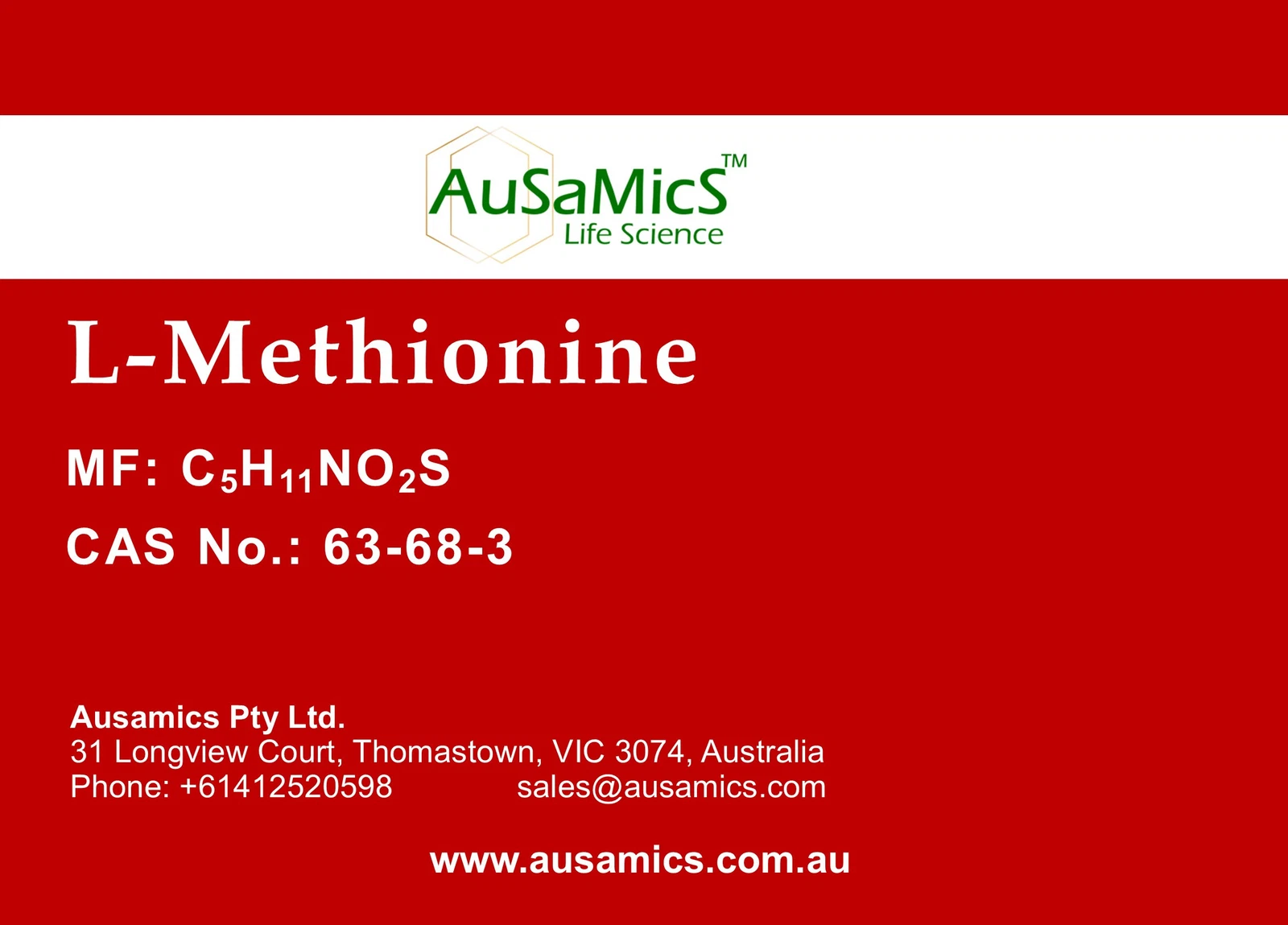 L-Methionine, High Purity, USP, CAS No: 63-68-3