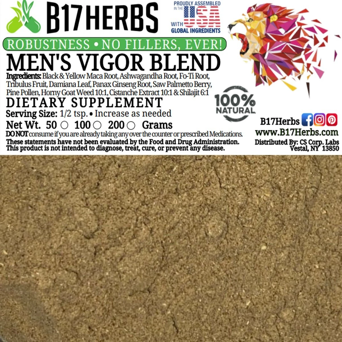 Vigor Special Blend Powder - Cistanche 10:1, Pine Pollen, Ginseng - 100g, 3.5oz.