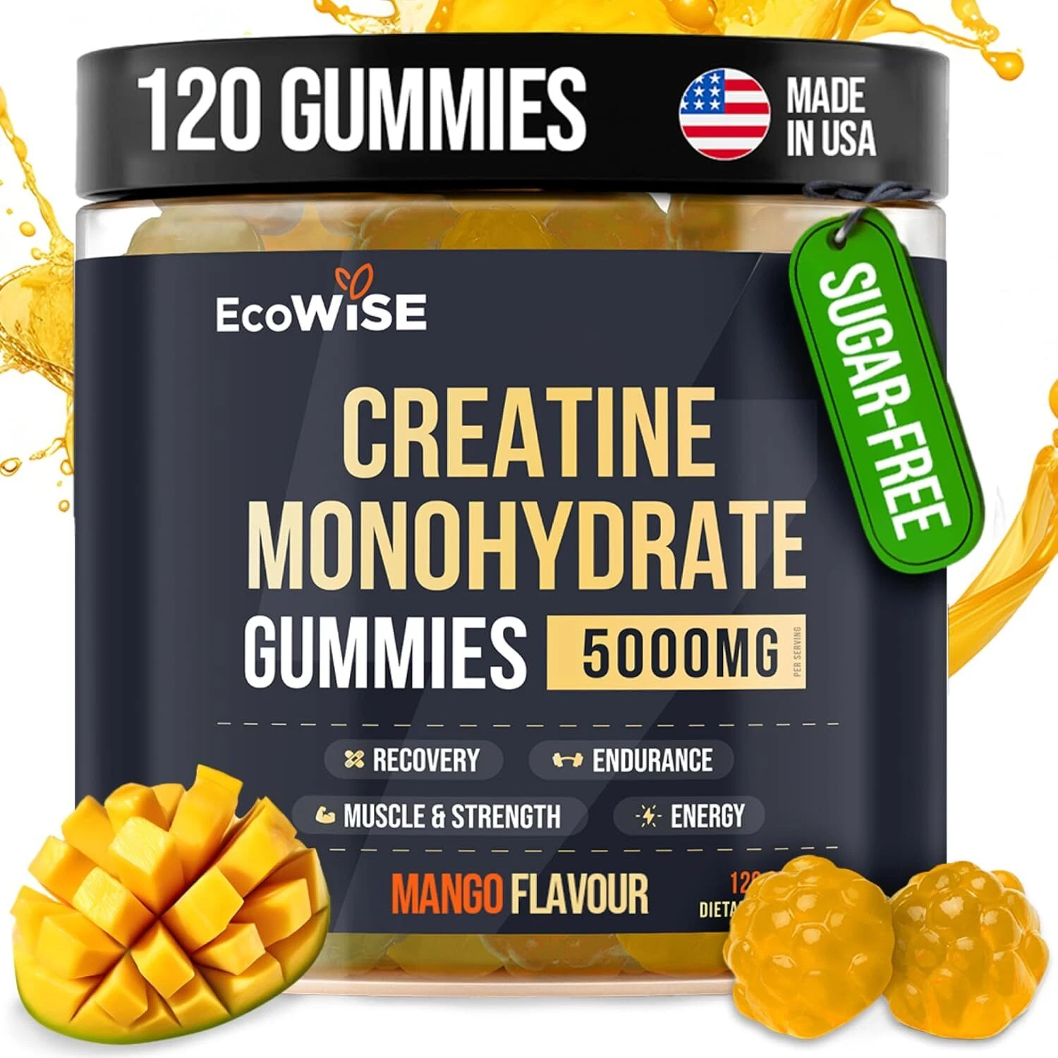 Creatine Monohydrate Gummies 5000 mg, Mango Flavor, 120 Sugar-Free Vegan Chews,