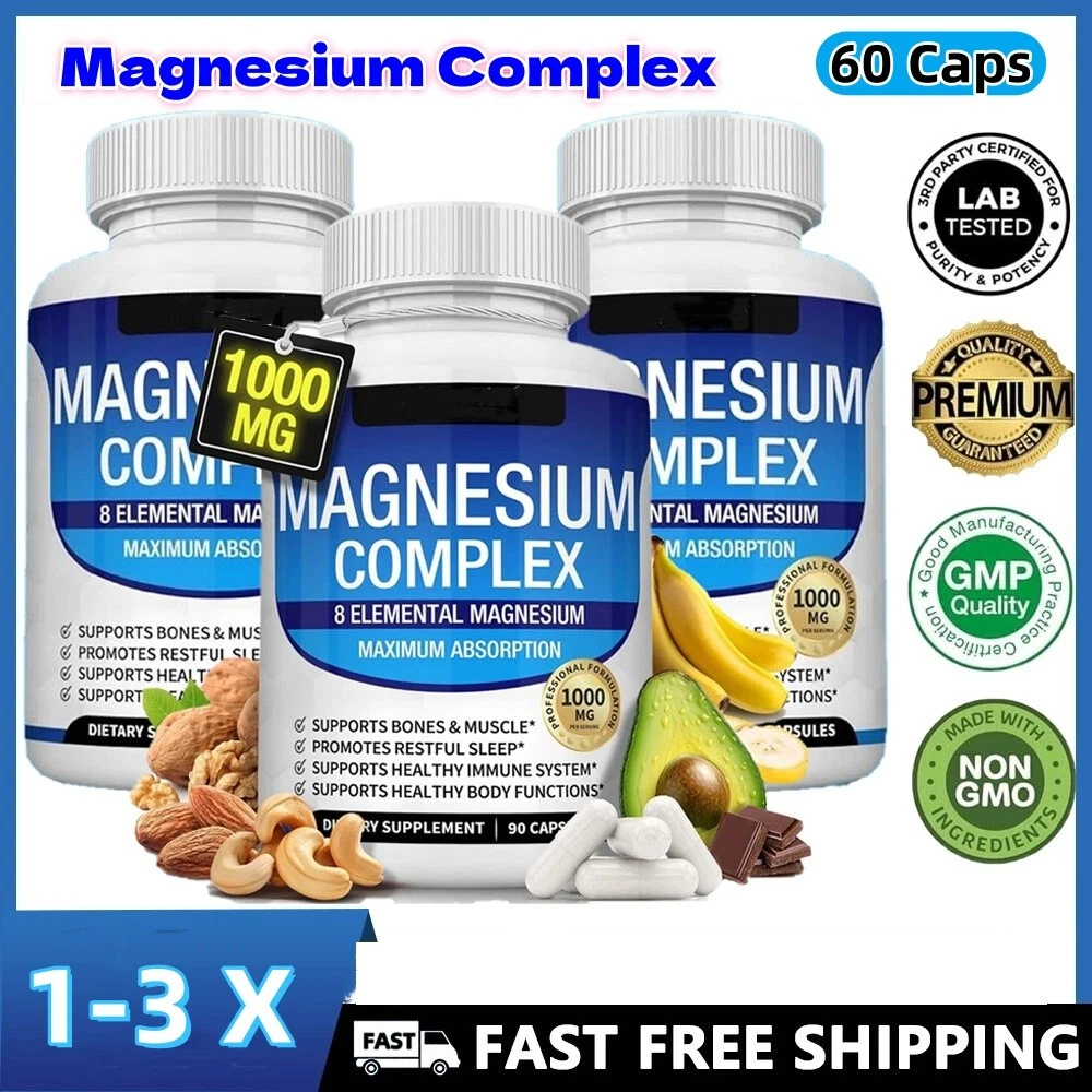 1-3PACK Magnesium Complex 1000mg, 8 Elemental Magnesium, Gluten Free- Non-GMO