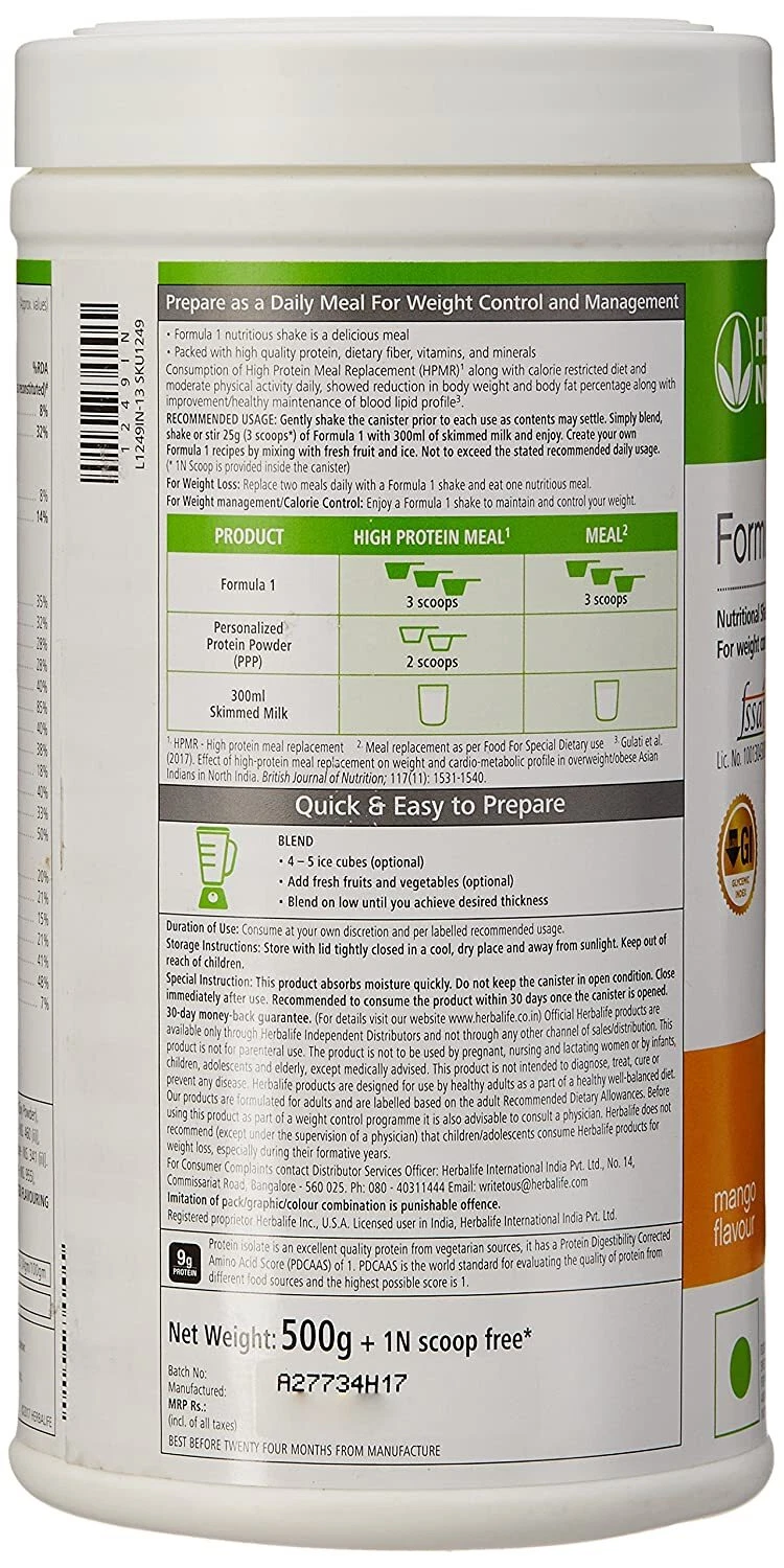 Natural Herbalife Formula 1 Shake for Weight Loss - 500 g (Mango)