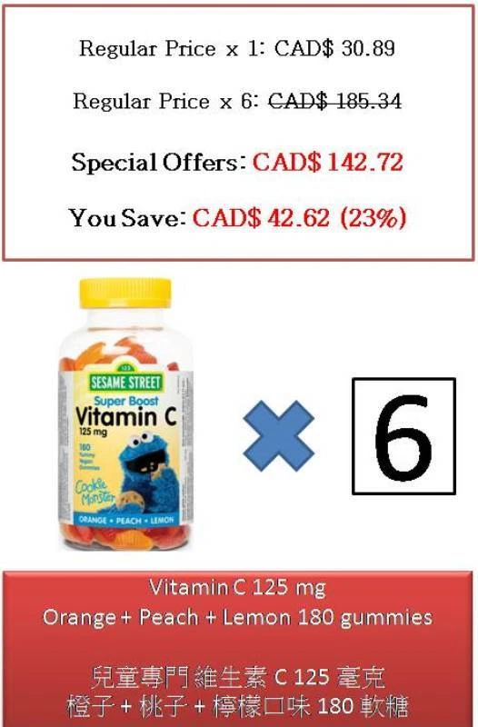 180 Gummies Vitamin C 125 mg Orange + Peach + Lemon - Sesame Street