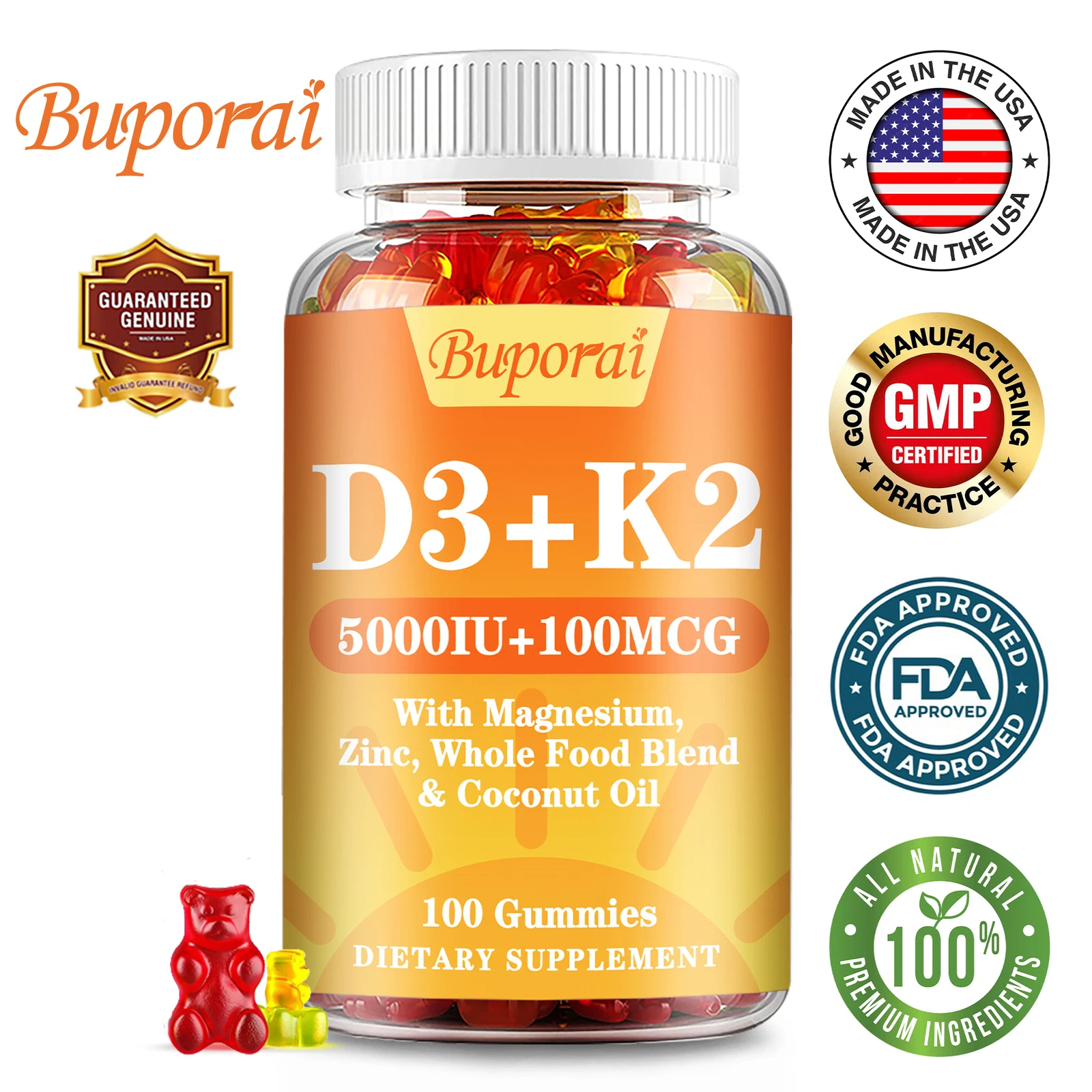 D3 + K2 (5000IU + 100mcg) - Bone Health, Immunity Booster, Anti-Inflammatory