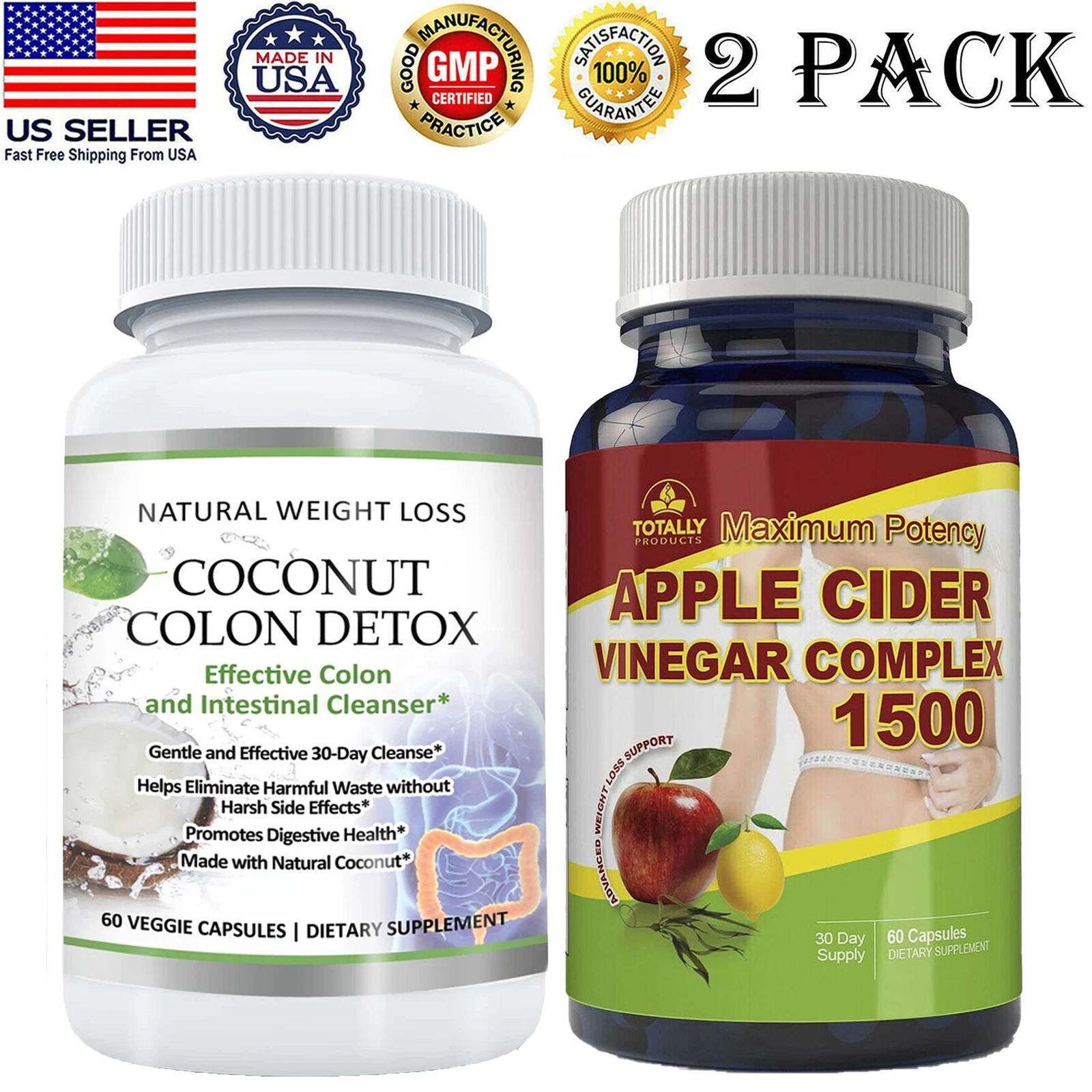 Coconut Colon Detox Caps Apple Cider Vinegar Complex 1500 Weight Loss Pills 2 PK