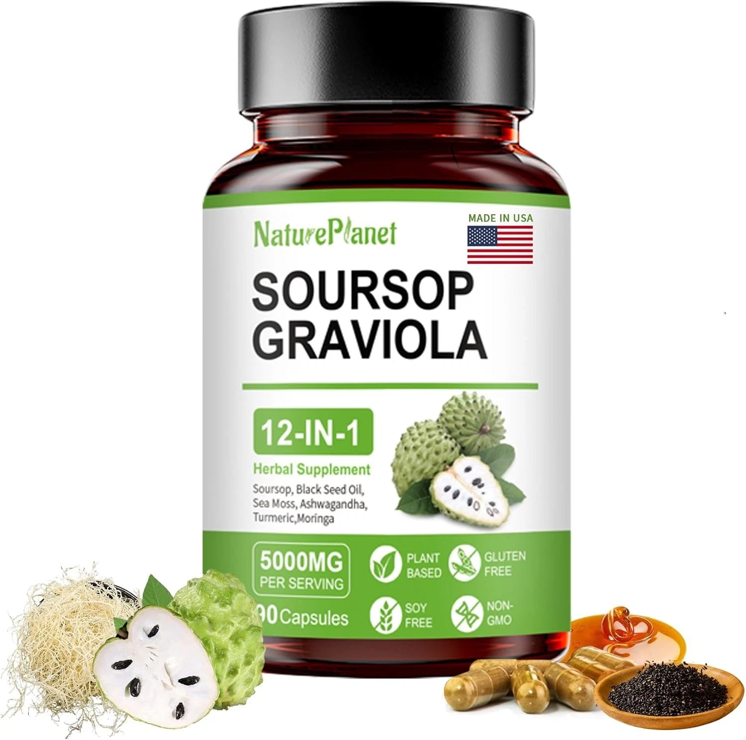 Soursop Graviola Capsules with Black Seed Oil, Sea Moss, Ashwagandha, Turmeric &