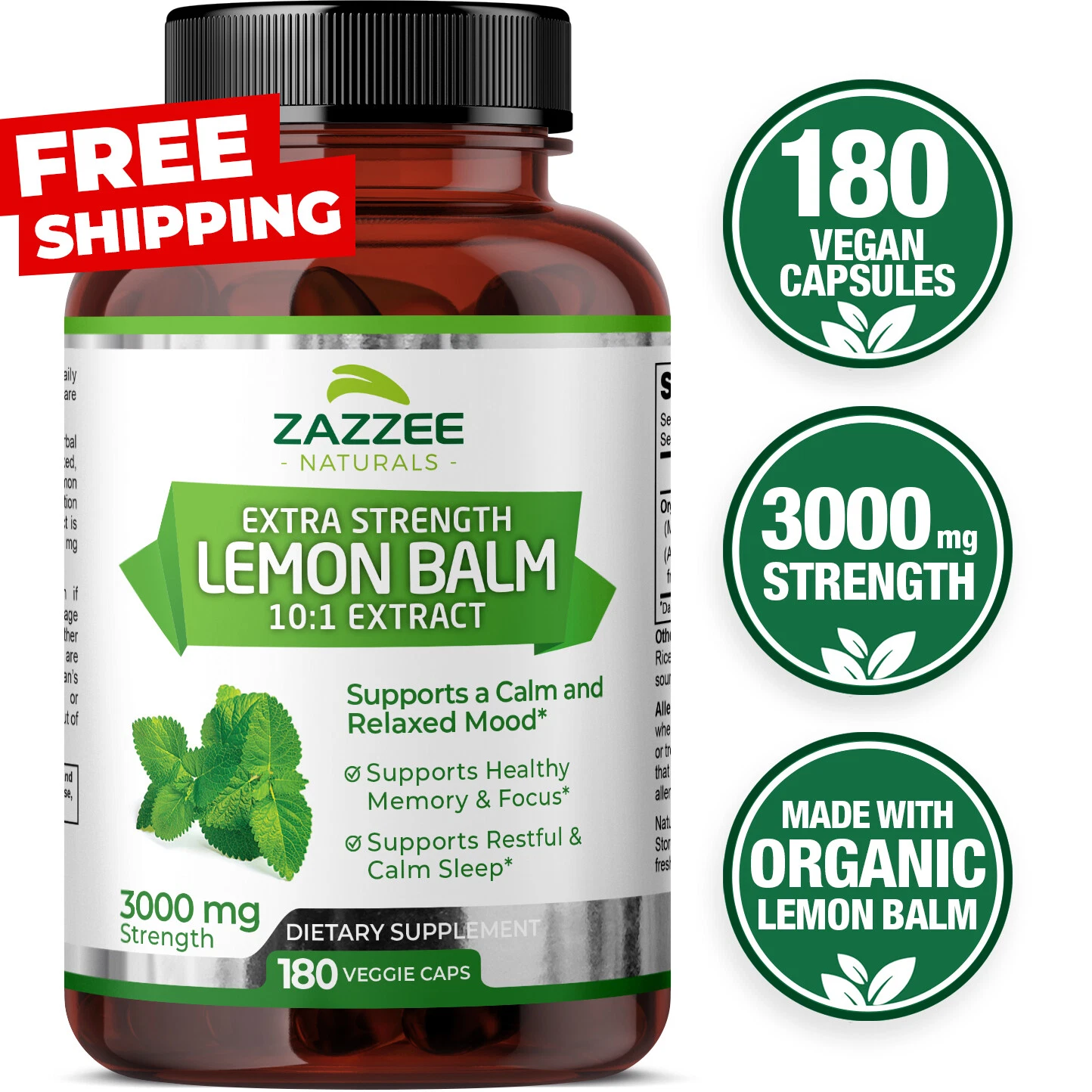 Organic Lemon Balm Extract 180 Count Vegan 3000 mg Strength