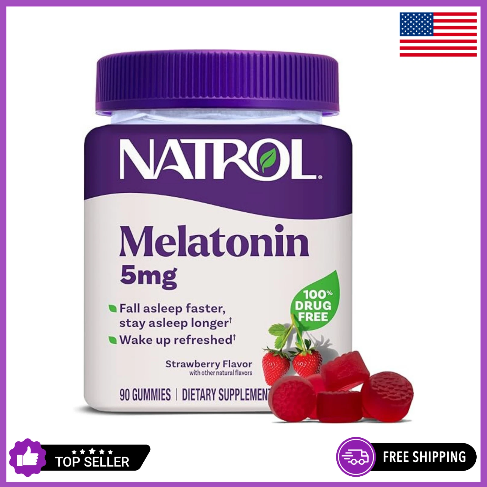 Sleep Aid Melatonin Gummies 5mg - 90ct Vegan, Strawberry Gummies for Adults