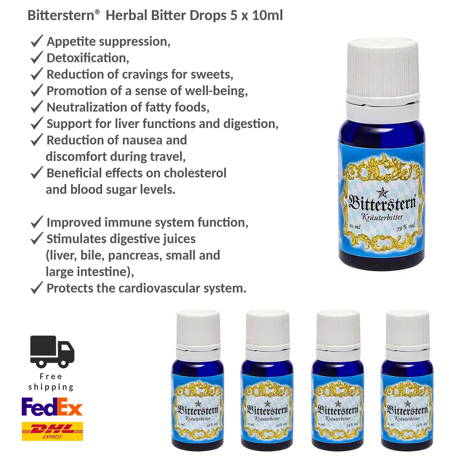 Bitterstern Herbal Drops Natural Digestive Drops with 17 Medicinal Herbs 5x10ml