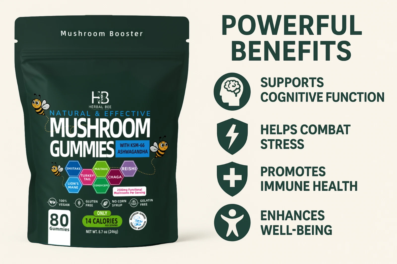 8 in 1 Mushroom Gummies Complex Ashwagandha & Lions Mane Reishi, Cordyceps...