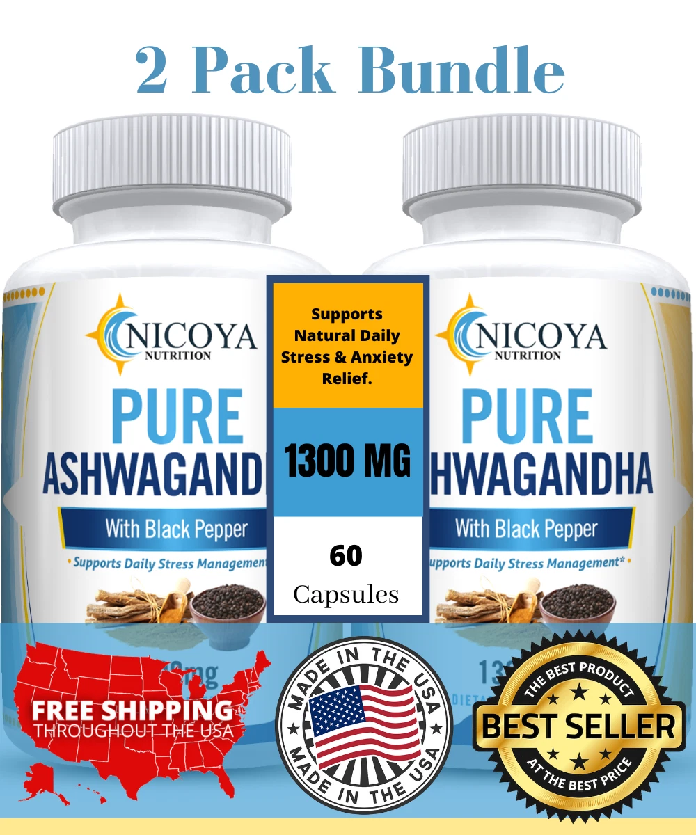 Organic Ashwagandha Capsules 1300mg Supplement w/ Black Pepper Root Powder 2PK