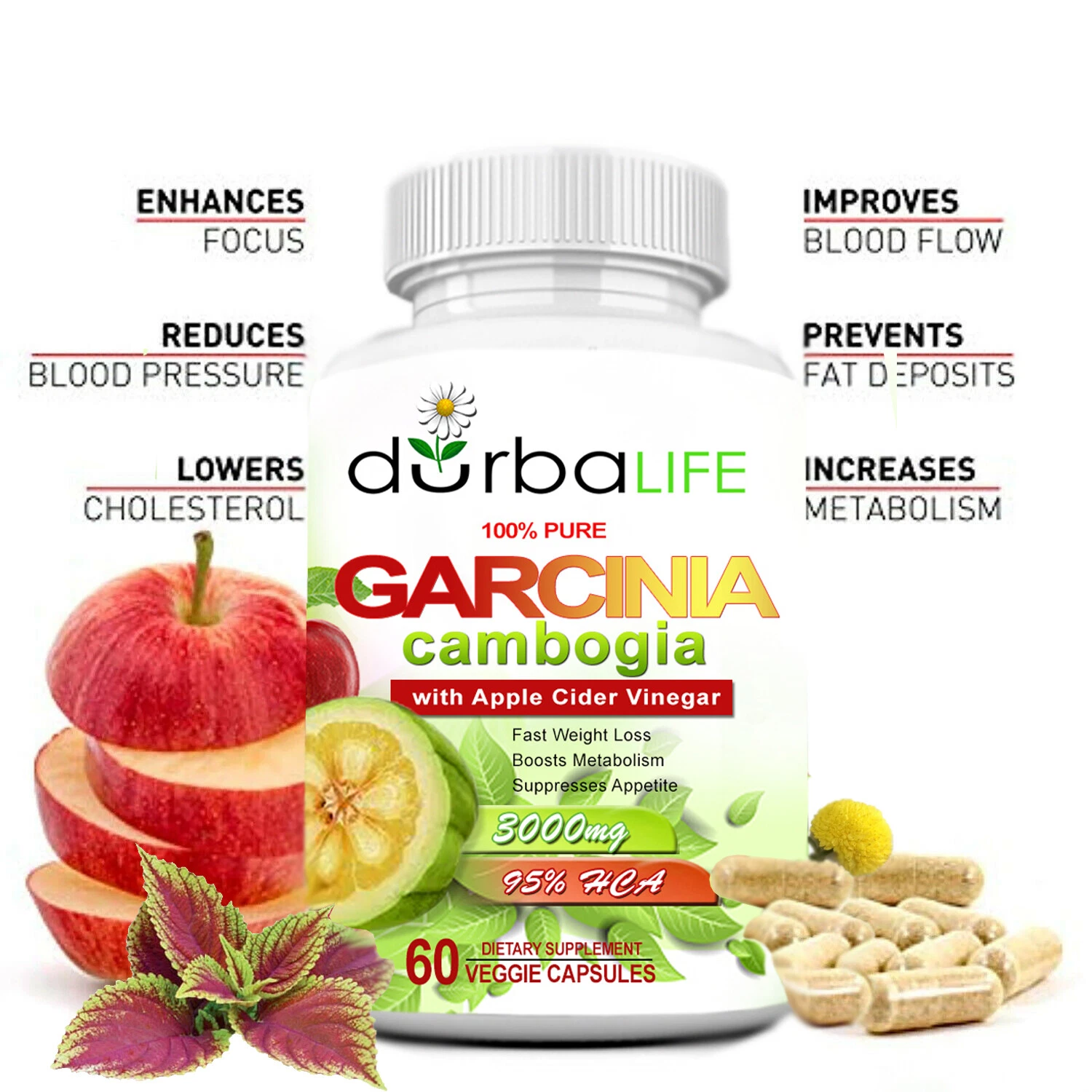 GARCINIA CAMBOGIA 95% HCA WITH APPLE CIDER VINEGAR 3000mg (60 Pills) Weight Loss
