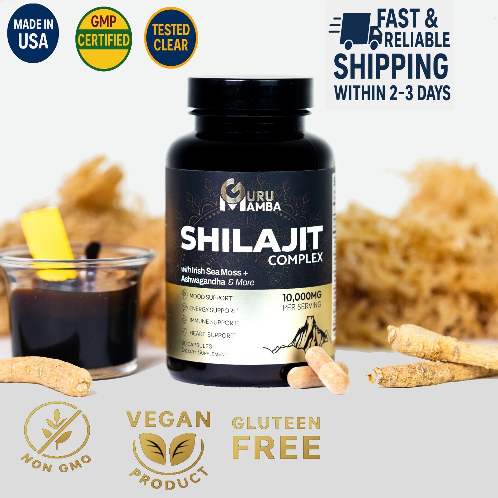 GuruMamba Shilajit Complex 10,000MG – 90 Ct with Sea Moss, Ashwagandha & More