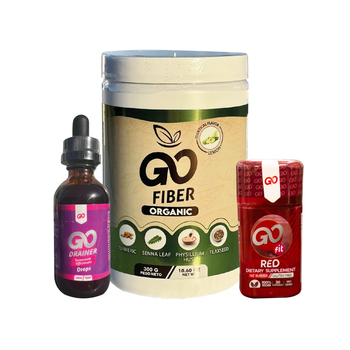 Kit Go Fit Red 30 caps fat burner + Go fiber 300 gr lemon + Go Drainer 60 ml
