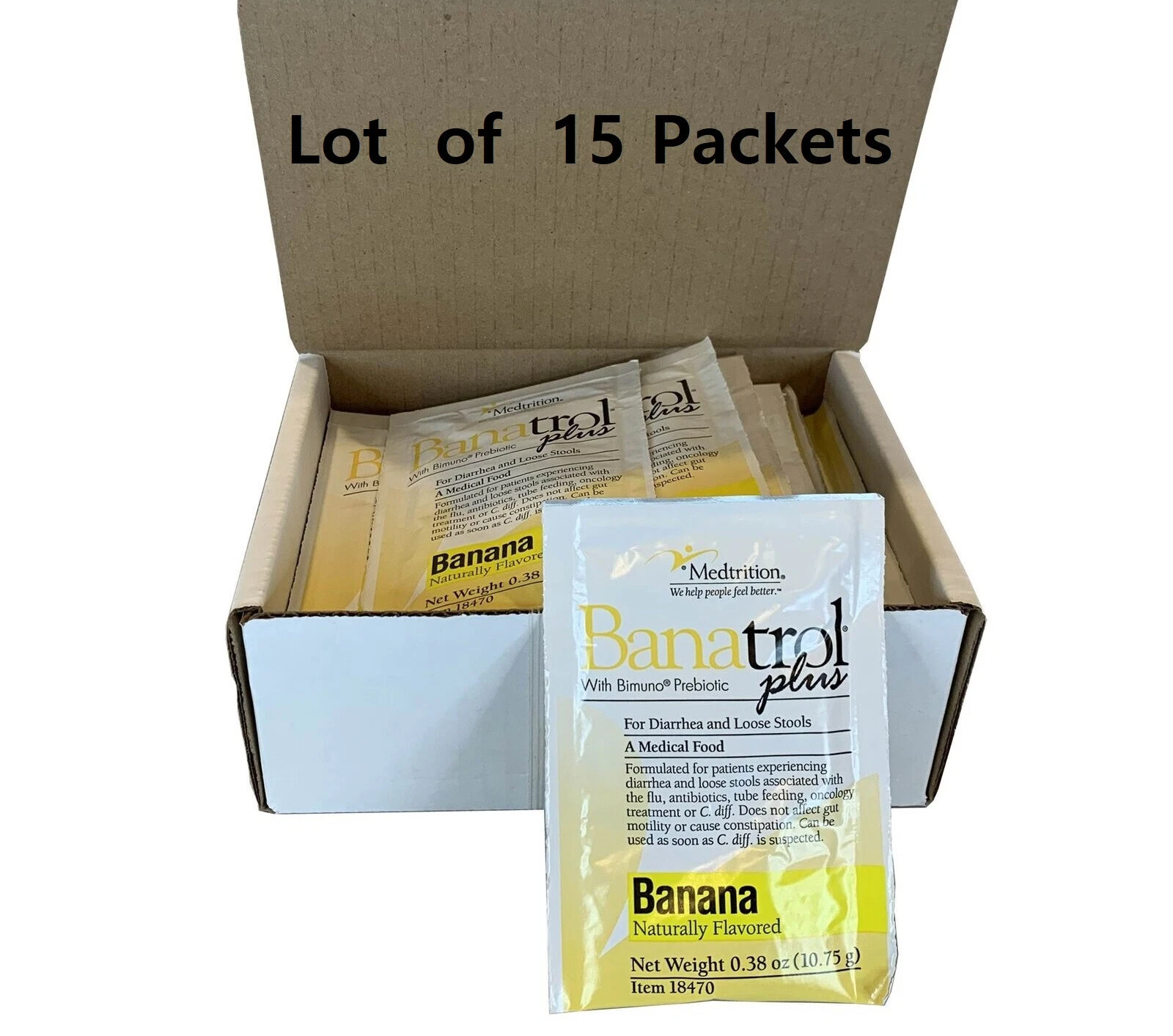 15 Pack Banatrol Plus Oral Supplement Fiber Banana Flavor Powder 11 Gram Packet