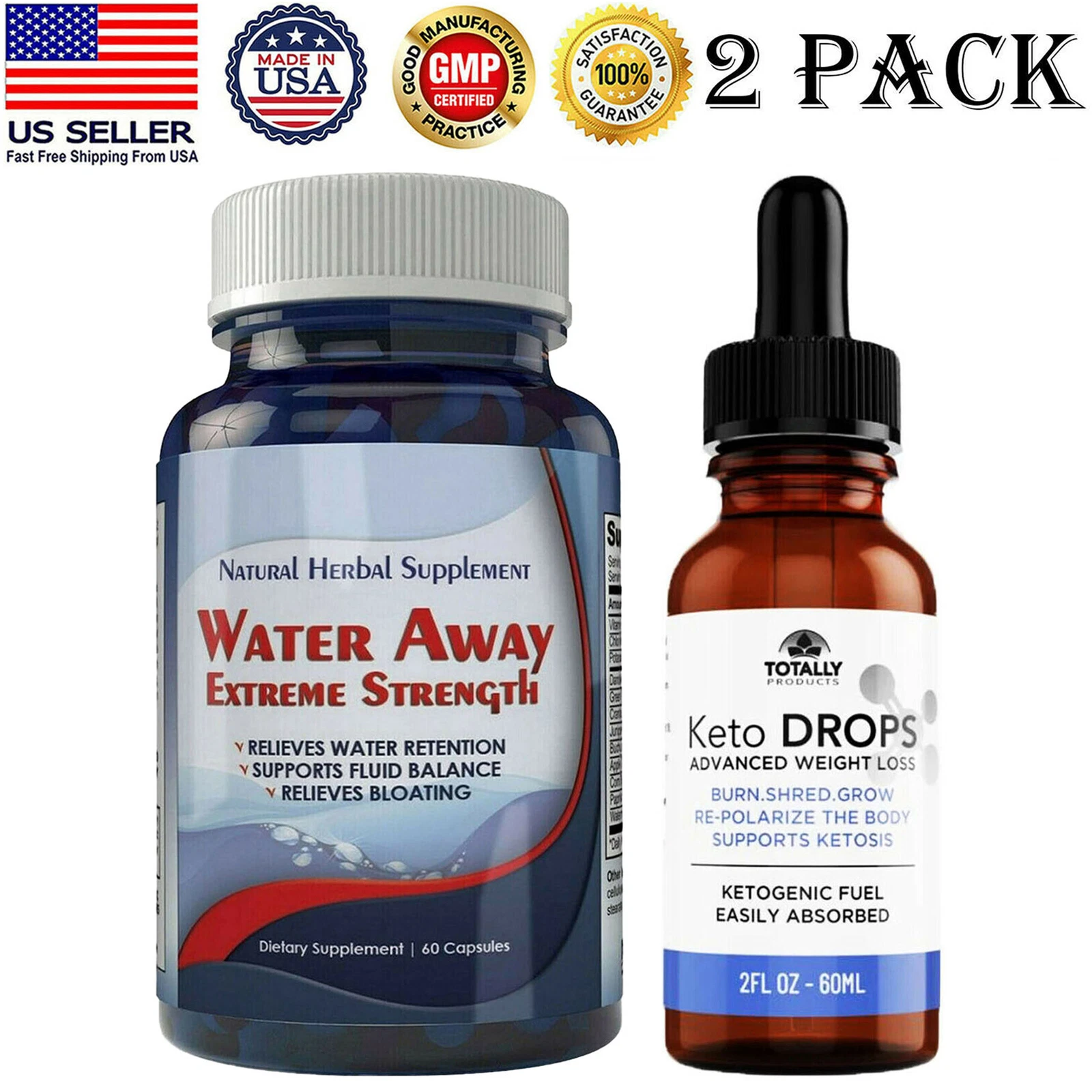 Diuretic Water Away 700mg Pills Ultimate Keto Diet Liquid Fat Burn Drops 2 Pack