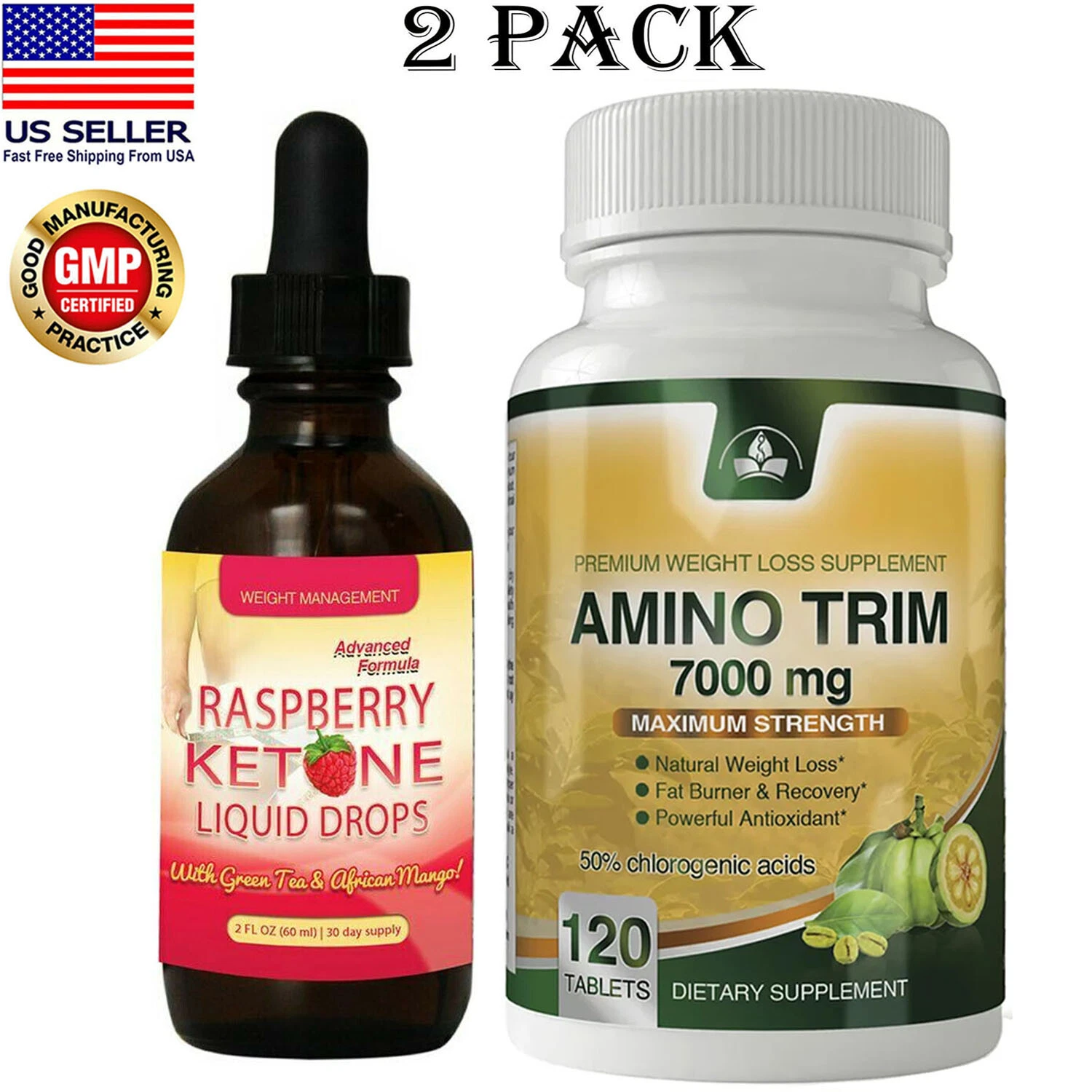 Raspberry Ketone Liquid Drops & Amno Trim Fat Burner Weight Loss Capsules Combo