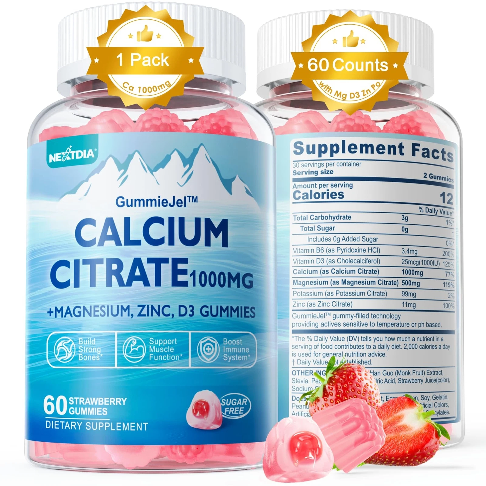 Calcium Citrate 1000mg Filled Gummies + Vitamin D3 Magnesium Potassium Zinc &...