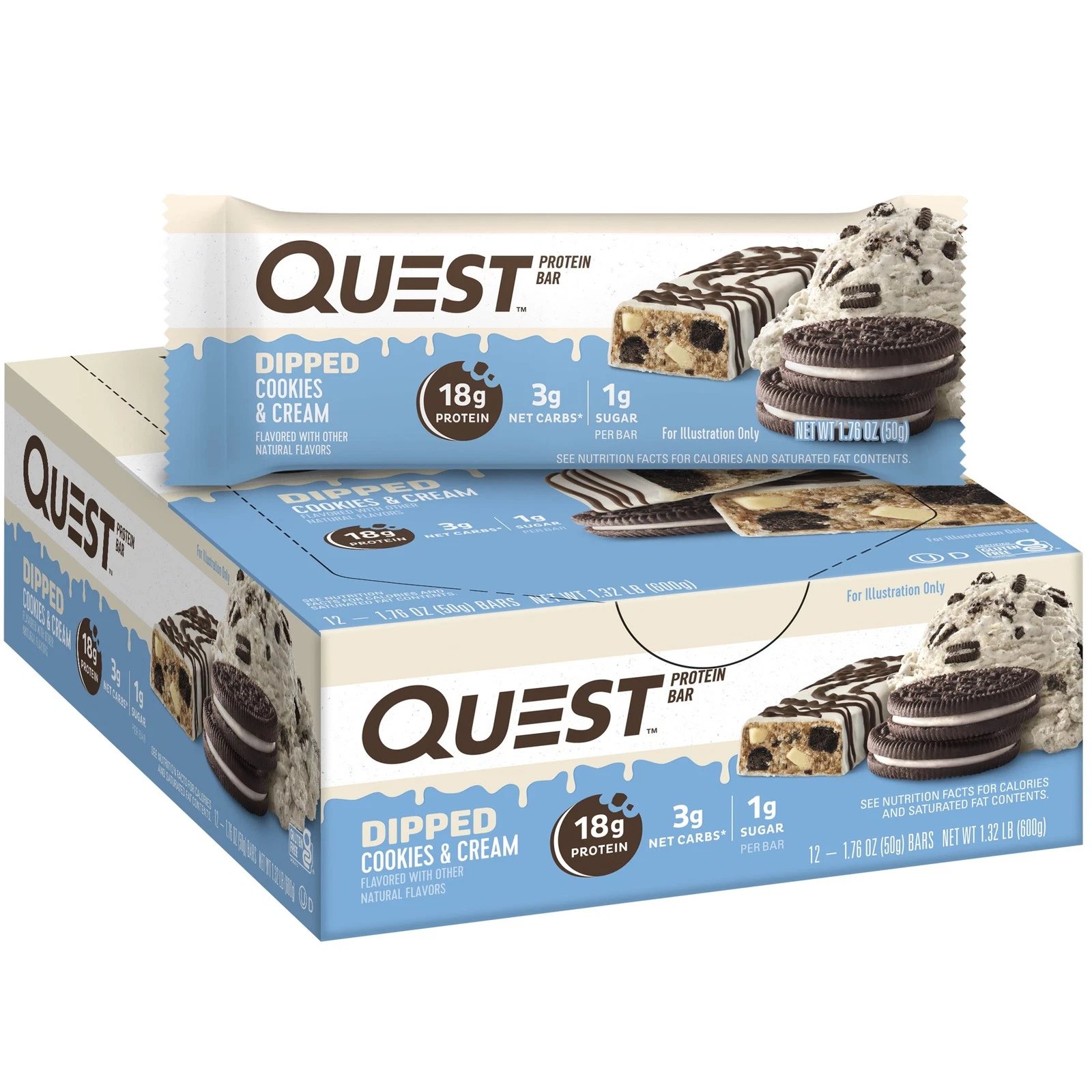 Dipped Protein Bars, Low Sugar, High Protein, Cookies and Cream, 12 Count