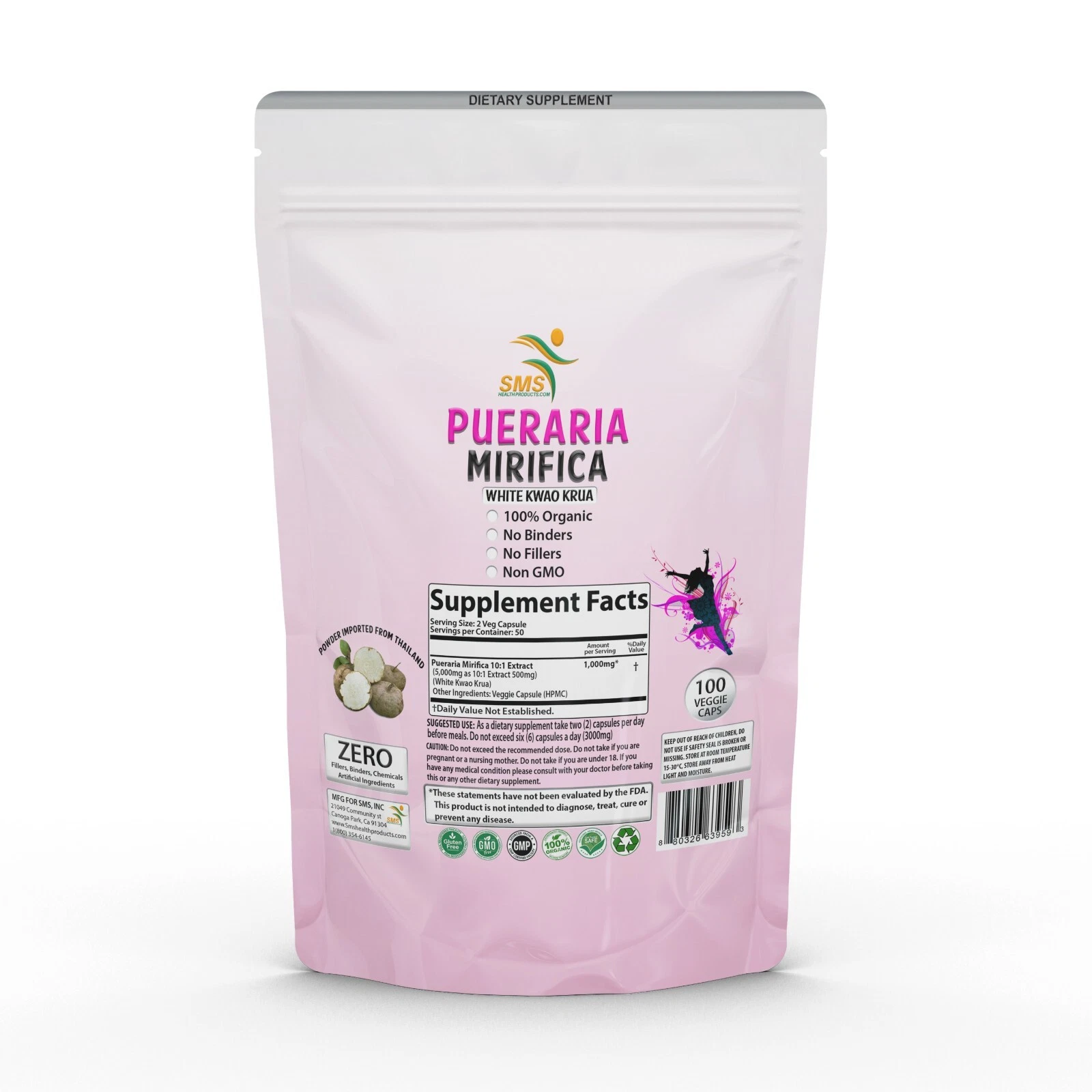 PUERARIA MIRIFICA (WHITE KWAO KRUA) ORGANIC (THAILAND) 100 CAPSULES BY SMS