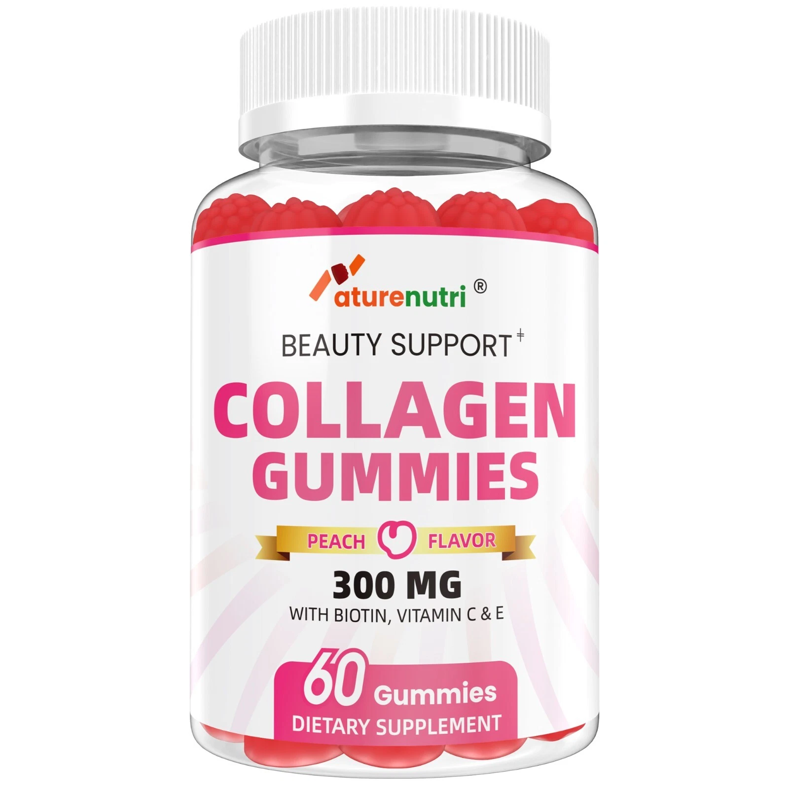 Collagen Gummies,Vitamin C & E,Beauty Support,Peach Flavor,300mg With Biotin