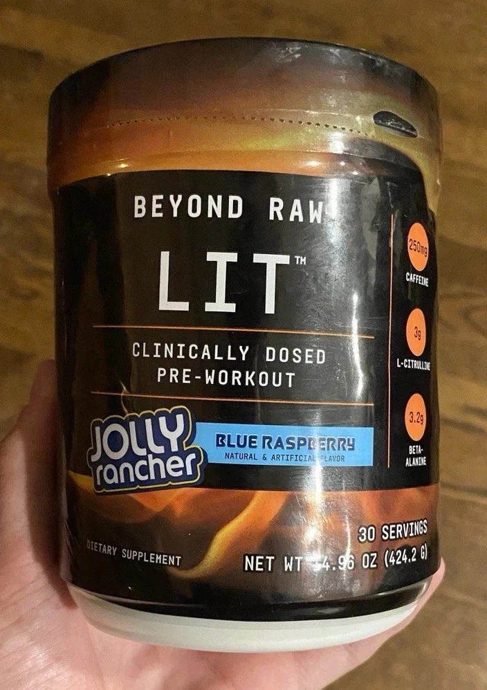 Beyond Raw Lit Pre-Workout Jolly Rancher Blue Raspberry 14.96 Oz Exp 3/26